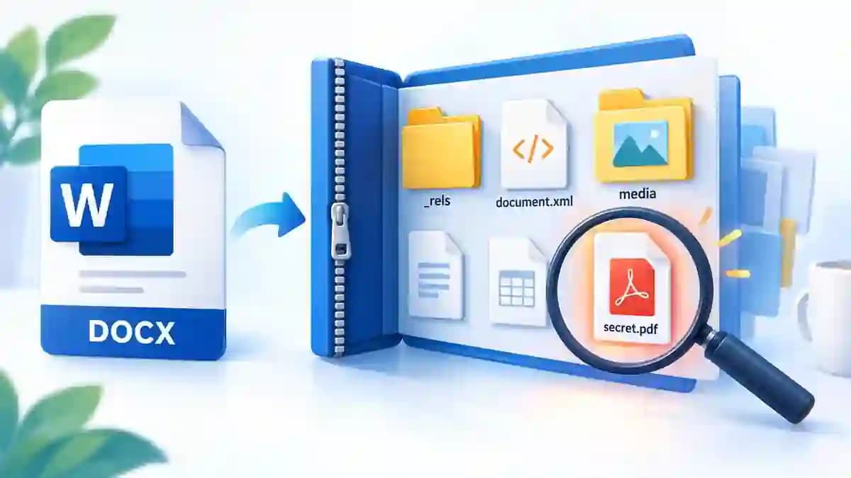 Internal DOCX structure with XML folders, media files and a highlighted embedded file